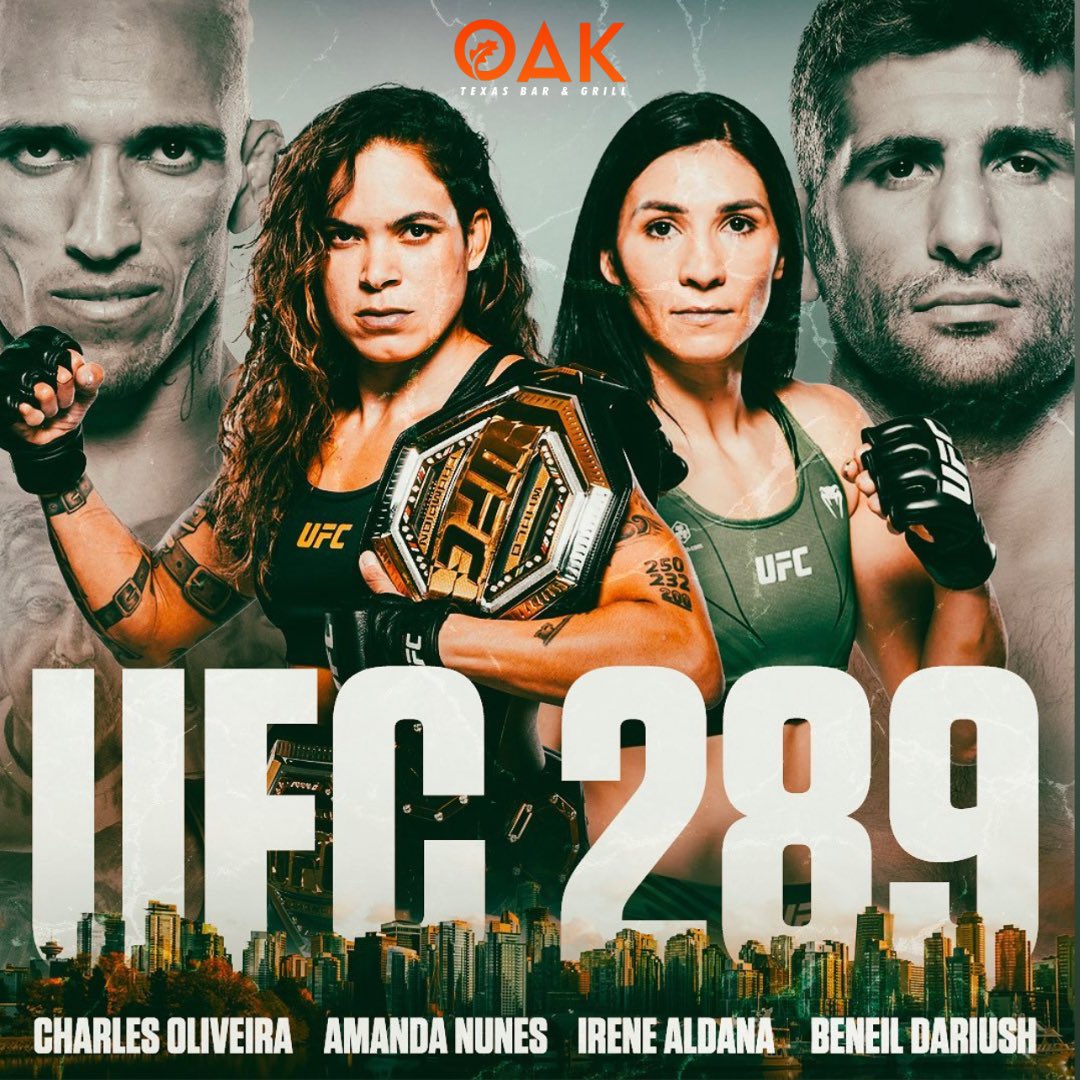 👊🏻 𝗜𝘁’𝘀 𝗙𝗜𝗚𝗛𝗧 𝗡𝗜𝗚𝗛𝗧 𝗮𝘁 𝗢𝗔𝗞! 👊🏻
𝗨𝗙𝗖 𝟮𝟴𝟵: 𝗡𝘂𝗻𝗲𝘀 𝘃𝘀. 𝗔𝗹𝗱𝗮𝗻𝗮
TONIGHT! Early arrival recommended! Kitchen’s open, all night! 
See ya’ll at OAK, your new home for combat sports! 🤼‍♂️