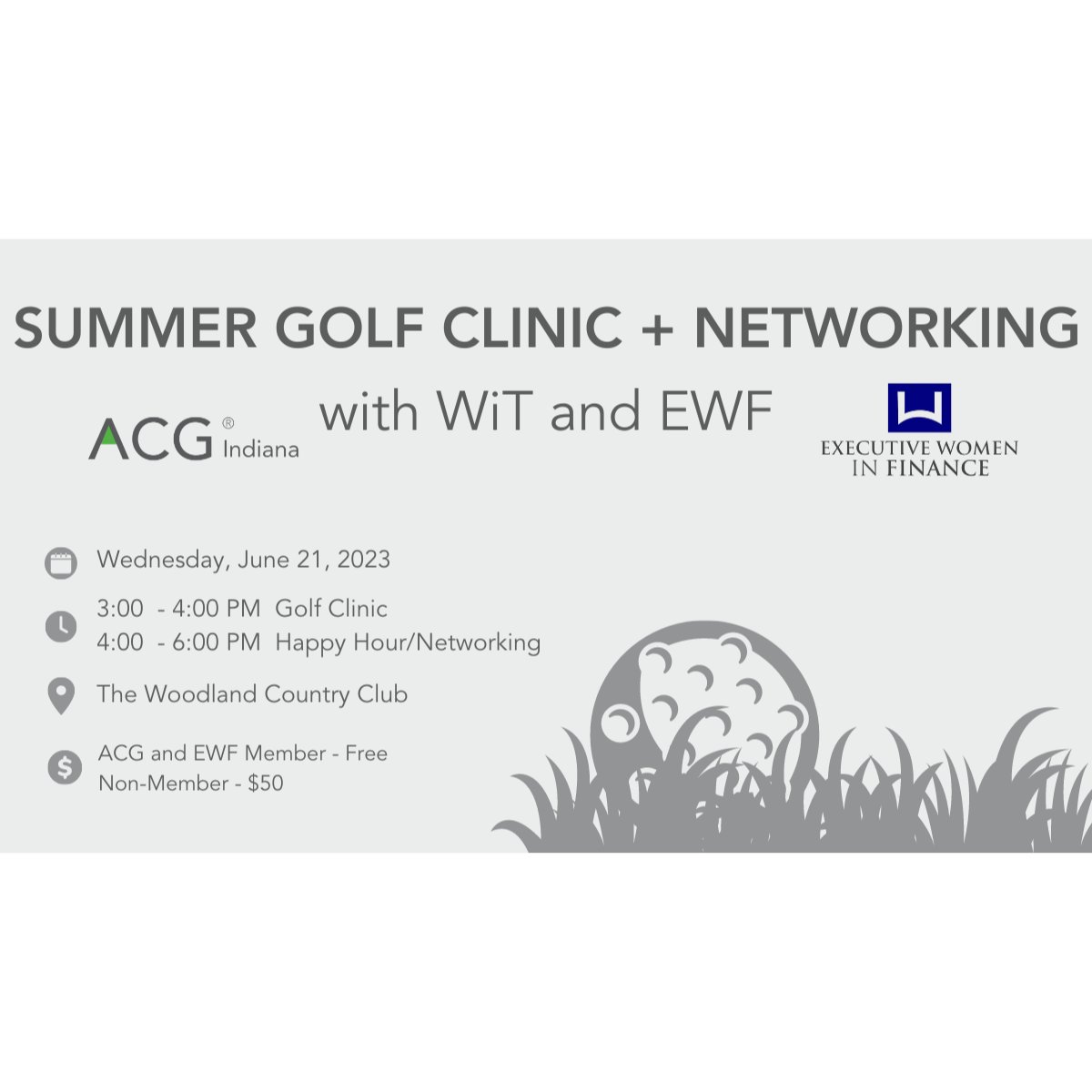 Join #EWFIndiana and #ACGIndiana on June 21 at The Woodland Country Club for our Summer Golf Clinic &amp; Network Event  with WiT and EWF. If you love golf and networking, then this event is for you! #networking #ladieswhogolf #fore