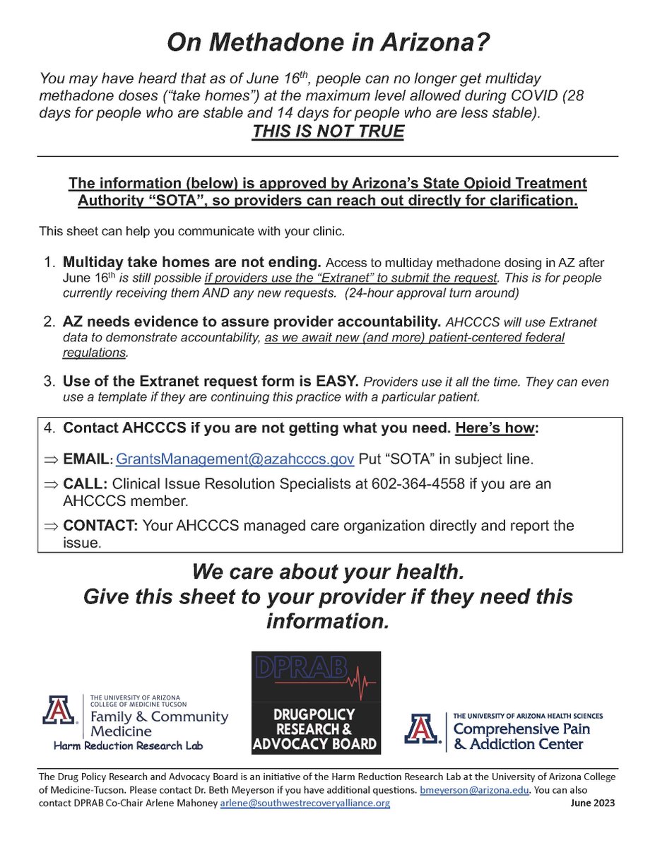 Attention AZ methadone providers (OUD) &amp; people on methadone. <a href="/AHCCCSgov/">Arizona Health Care Cost Containment System</a> SOTA approved this patient &amp; provider message re: multiday dosing >June16. Link to document (2 sided). Please share widely
<a href="/SWRAlliance/">Southwest Recovery Alliance (SWRA)</a> <a href="/spw_az/">Sonoran Prevention Works</a> <a href="/DopefiendPhD/">Danielle Russell</a> 
<a href="/UAZMedTucson/">UA College of Medicine – Tucson</a> 

tinyurl.com/DPRABJune2023