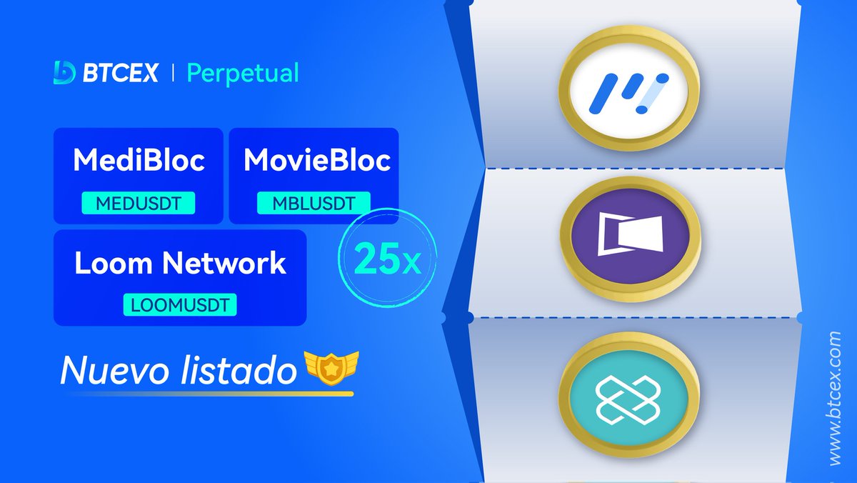 BTCEX_ES's tweet photo. 🔊 Nuevo anuncio de listado: BTCEX lanzará contratos perpetuos MED, MBL &amp; LOOM 25x con margen USDT el 2023-06-09, 07:00 (UTC)

📈 Enlace comercial MEDUSDT: https://t.co/kyw93Zu9vt

📈 Enlace comercial LOOMUSDT: https://t.co/qlRQo1QsOb

Más información: ⬇️
https://t.co/OlzxIxbizW https://t.co/qAWFASsWhi
