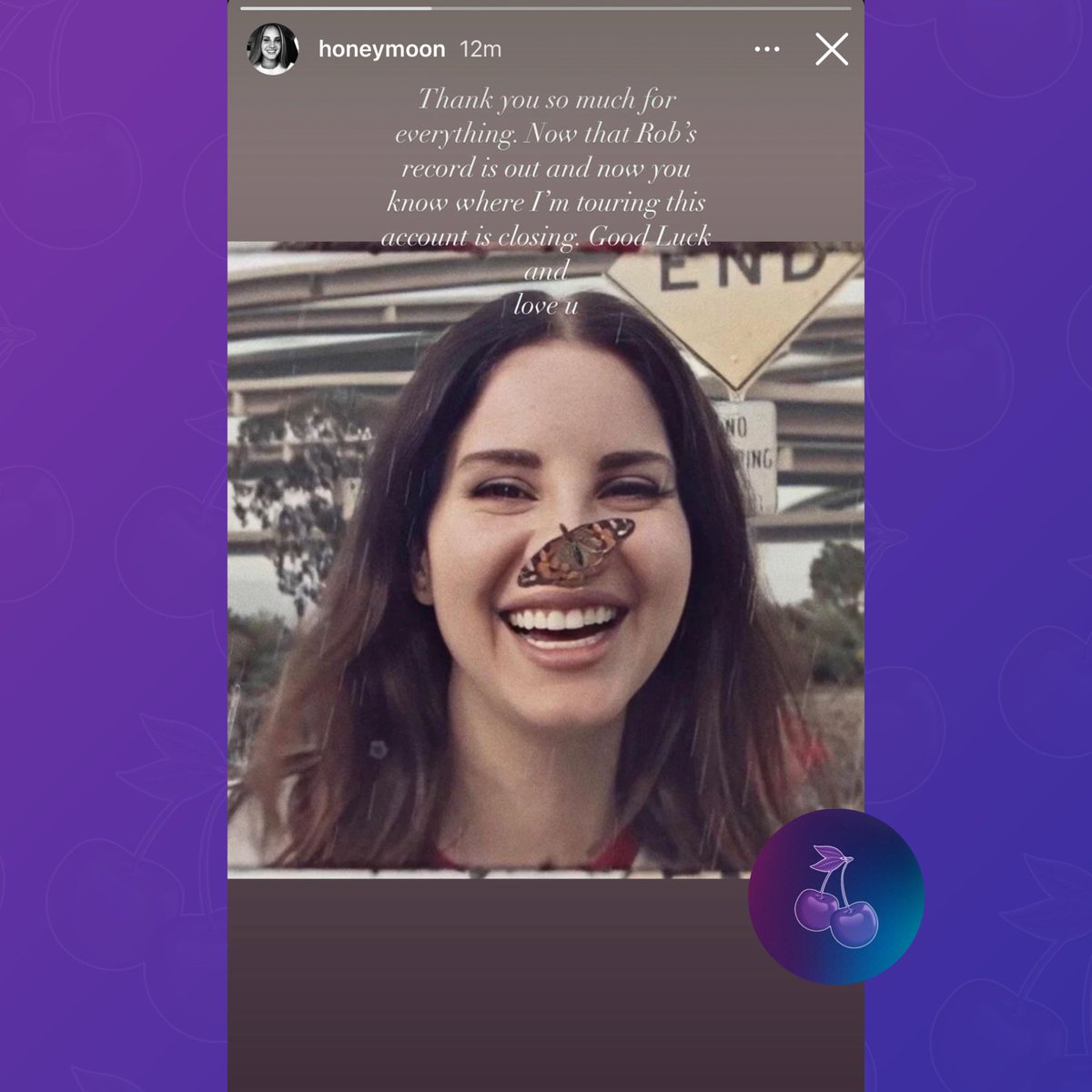 PopBase's tweet photo. Lana Del Rey announces she is closing her Honeymoon Instagram account. https://t.co/65Y77LcrVU