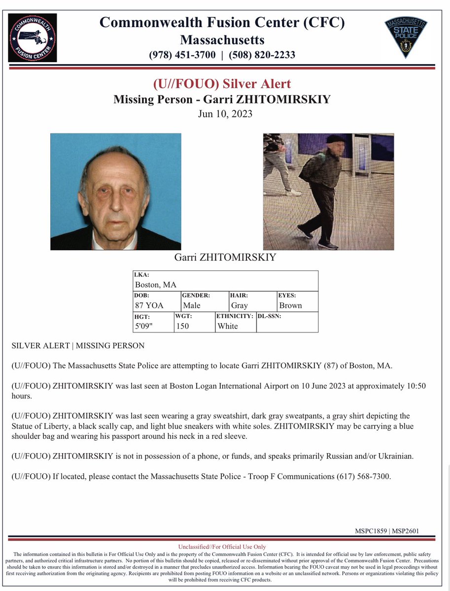 SILVER ALERT-MSP is trying to locate Garri ZHITOMIRSKIY, 87, of Boston, last seen at Logan Airport at 10:50 AM today wearing a gray sweatshirt, dark gray sweatpants, gray shirt depicting Statue of Liberty, black scally cap, and light blue sneakers w/white soles. Tweet 1 of 2.