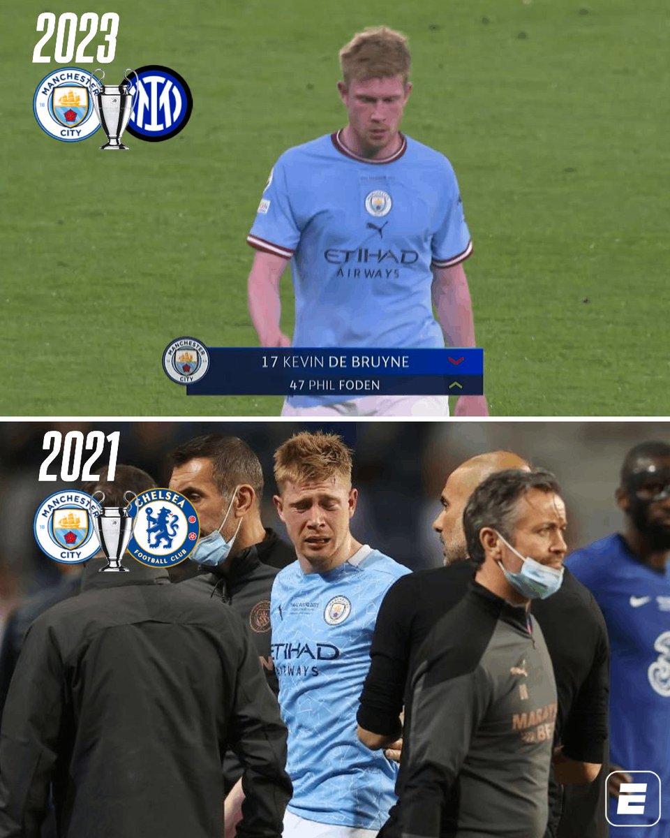 ESPNBrasil's tweet photo. OUTRA VEZ! Assim como na final da Champions de 2021, De Bruyne sai machucado do jogo🚑

#FutebolNaESPN https://t.co/10RvQpCKUd