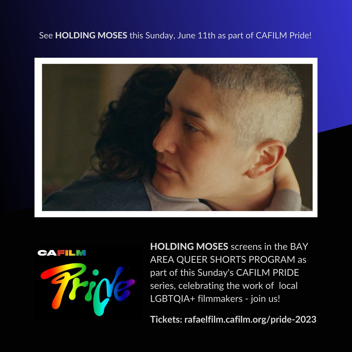 HOLDING MOSES screens this Sunday, June 11th at 4:30pm as part of the <a href="/cafilminstitute/">California Film Institute (CAFILM)</a>'s  #PRIDE series, celebrating the work of local #LGBTQIA+ filmmakers in the BAY AREA QUEER SHORTS PROGRAM.

Tickets: 👉 bit.ly/43PeW8u

#PrideMonth #Pride2023 #documentary #film 💜🏳️‍🌈🎬