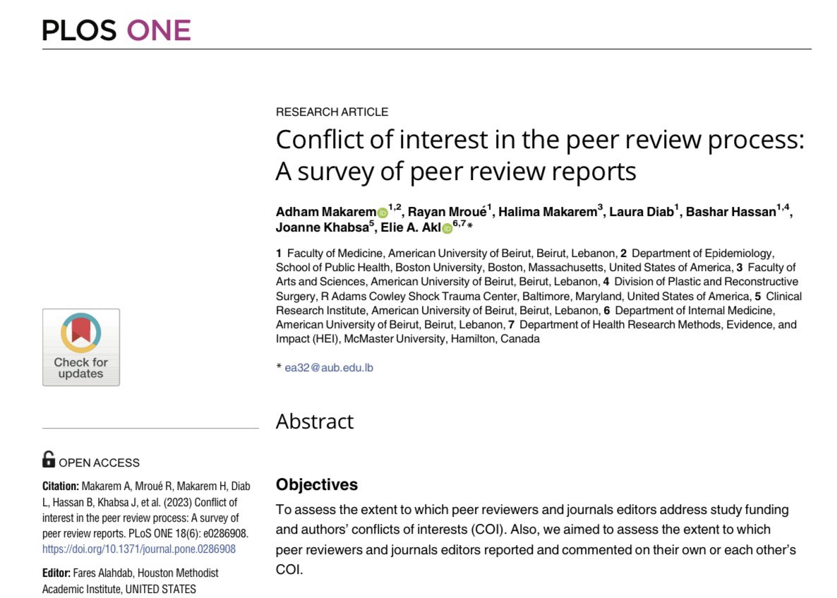 AdhamMakaremMD's tweet photo. 🚨 Check out our new publication in @PLOSONE on conflict of interest #COI in the peer review process. https://t.co/K7wnJdgvm2

@Elie__Akl @mroue_rayan @HalimaMakarem Laura Diab @BasharHassanMD @joanne_kh https://t.co/t4cJf3ZKRG