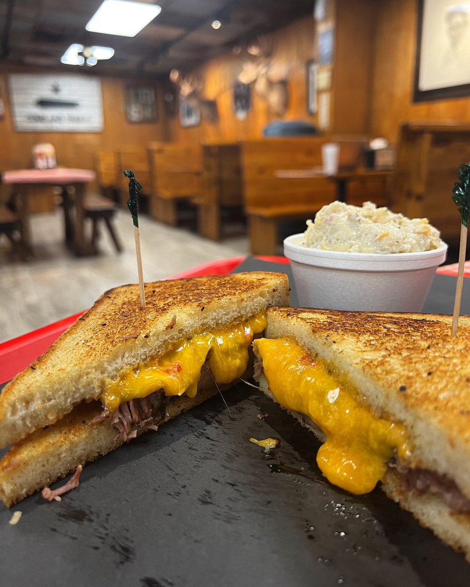 Gooey, cheesey, delicious! All 3 things describe our perfect grilled cheese-n-brisket sandwich! Served with potato salad. Todays special! 
#evolutionnotrevolution #houbbq #houstonfoodie #tmbbq #foodnetwork #teamgoofyque #houfood #bbq #topfoodnews #huffposttaste #cookingchannel