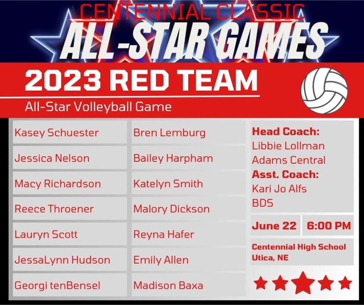 Athletes have been selected for the first annual Centennial Classic All-Star Volleyball Game! Come out to Centennial High School on June 22nd at 6:00 PM to watch some great volleyball! #ccallstars