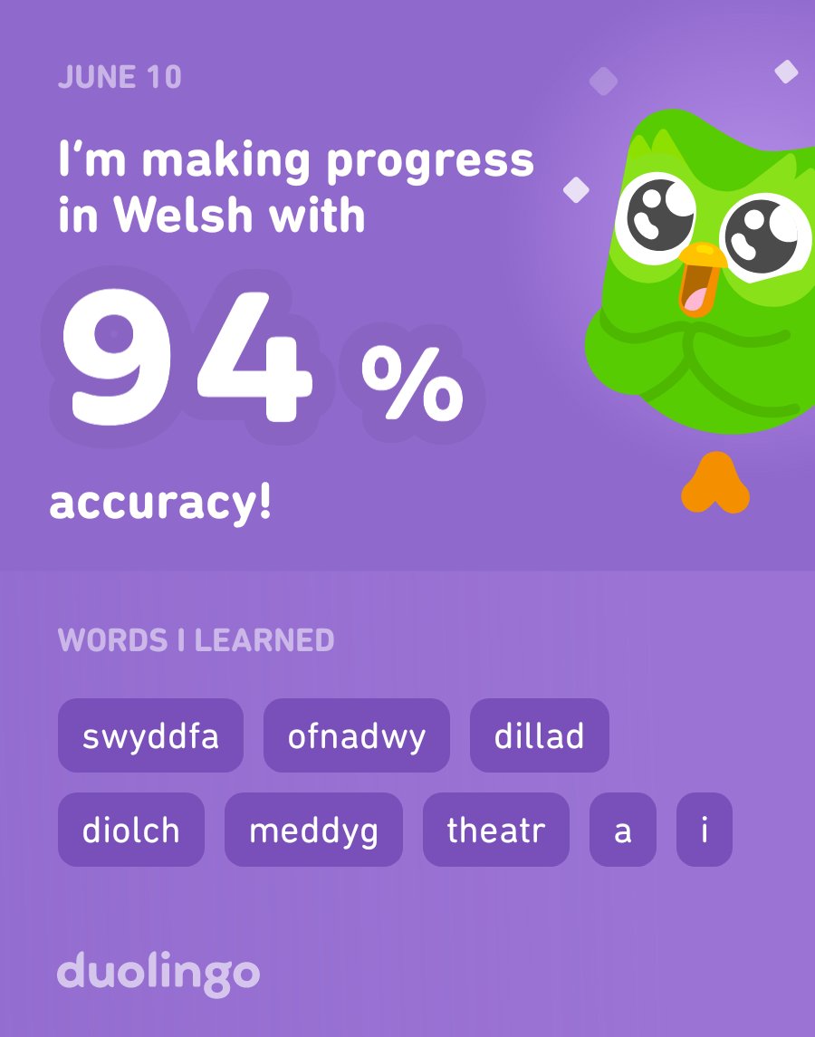 I’m learning Welsh 🏴󠁧󠁢󠁷󠁬󠁳󠁿  on Duolingo! It’s free, fun, and effective.