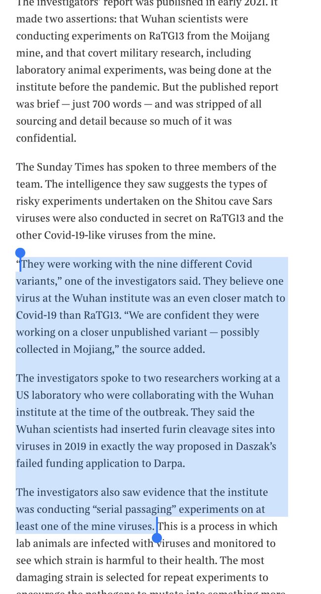 Huh. Pretty big, new claims about undisclosed prepandemic research in Wuhan labs. (Article in UK The Times.). 

Some of these allegations sound like they could be verified or refuted.

My stance remains that biosafety deserves future attention regardless of claims about the past.