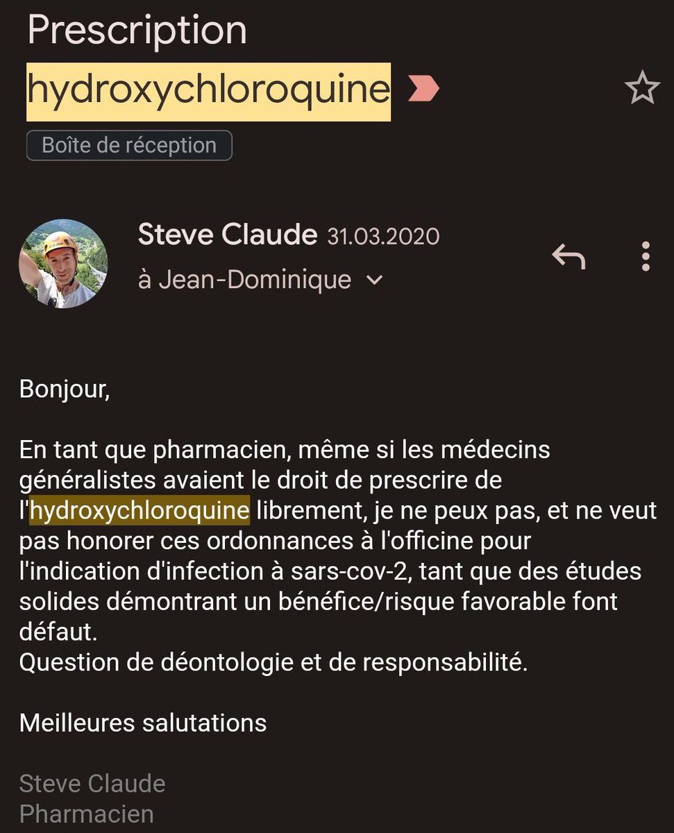 ClaudeSteve6's tweet photo. Me concernant je n'ai absolument rien à me reprocher. Quand j'écrivais ce mail en mars 2020, une seule chose en tête : si l'HCQ est prescrit à tout va et que l'on se rend compte qu'il péjore l'évolution du covid, on va se retrouver avec un joli scandale à la Mediator. https://t.co/vxq1KNAfVi