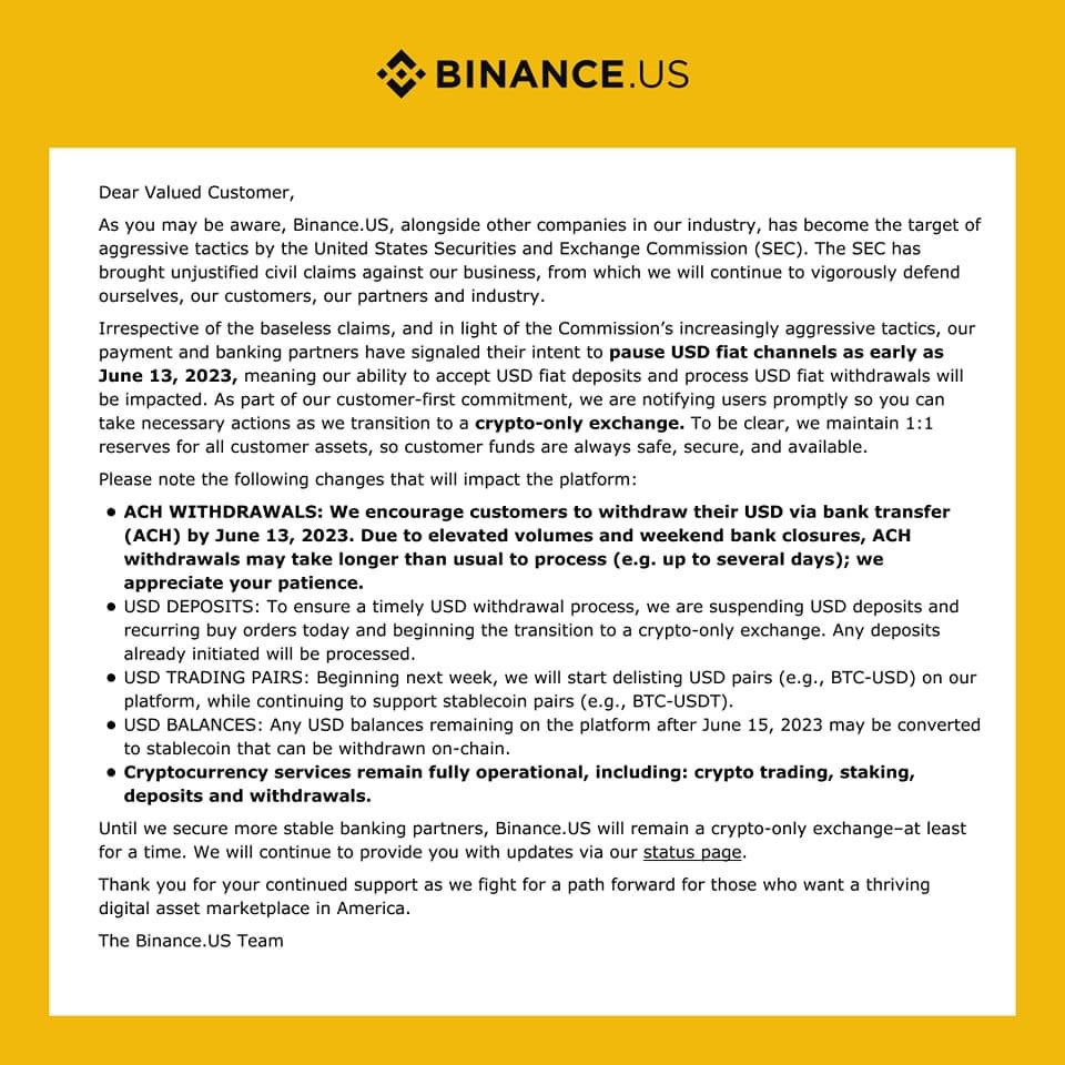#binance #BinanceUS #lasec 

BinanceUS suspende los depósitos en SUSD Los bancos, pausarán los retiros en $USD a partir del 13 de junio. !!