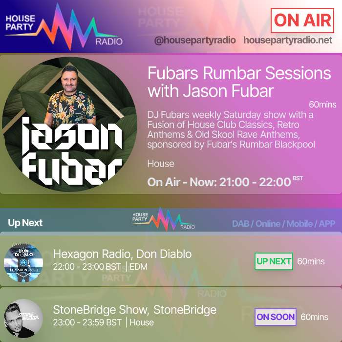 #OnAir: Fubars Rumbar Sessions with @jasonfubar Web/Mobile/Alexa hprad.io/listen 🔊🔊🔊 #house #uk #blackpool #bigtunes #anthems #share #like #liverpool housepartyradio.net/dj/jason-fubar…