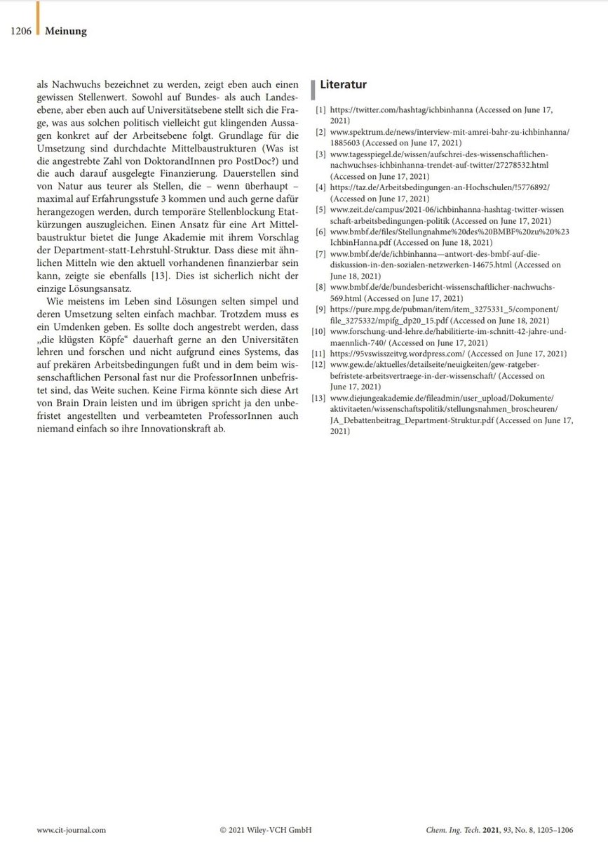 2 Jahre #IchBinHanna

Vor zwei Jahren habe ich diesen Text in unser deutschsprachigen Fachzeitschrift platzieren dürfen

Das Feedback damals: 0

Auch heute noch ist das Feedback aus meinem real world Umfeld gering

Das macht es manchmal schwer, geb ich zu

doi.org/10.1002/cite.2…