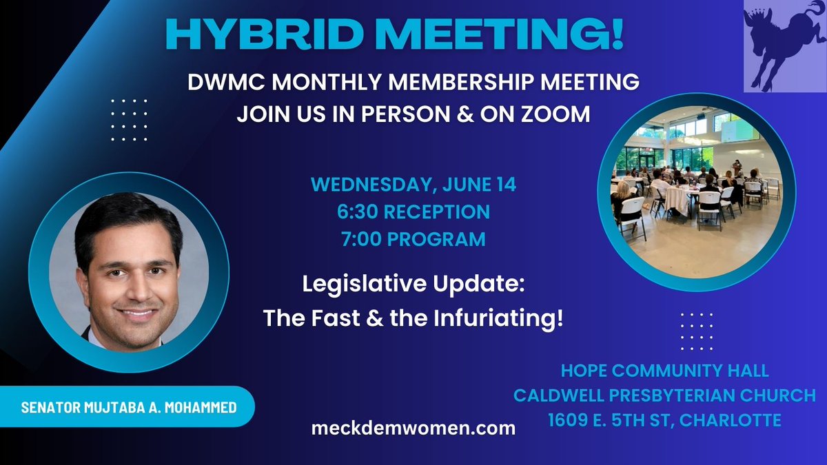 MeckDemWomen's tweet photo. Join us on Wednesday, June 14, for our monthly membership meeting. This month, we're going hybrid! Hope to see you in person at Hope Community Hall, but if you can't make it there, click the link in bio to join us via Zoom! https://t.co/Q1SOQxCtL8
