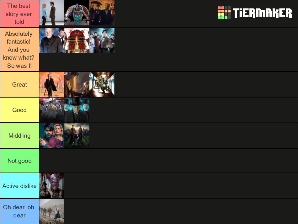 What’s your favourite & least favourite season finales of Doctor Who?

tiermaker.com/create/doctor-…