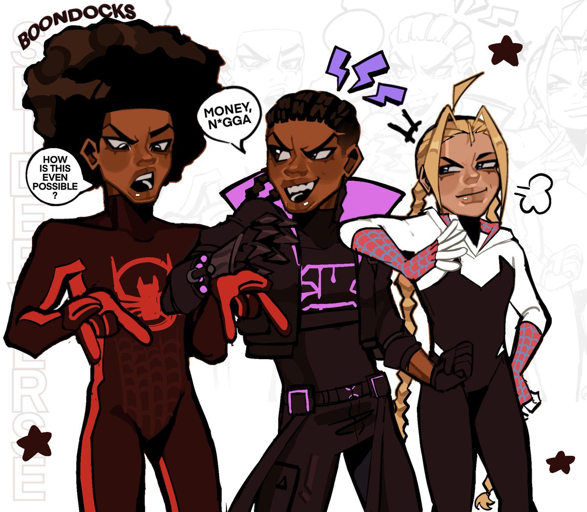 // #AcrossTheSpiderVerseSpoilers 
.
.
. 
.
.
Sorry i had to draw my kids in their outfits ✌️😭
[#AcrossTheSpiderVerse  #spiderverse  #boondocks ]