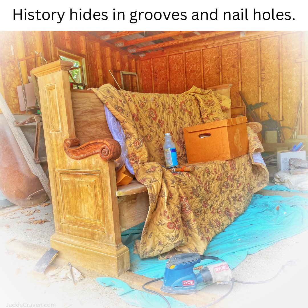 JackieCraven's tweet image. Last summer I started to refurbish this antique church pew. I hope to finish this year, but flecks of old paint refuse to be stipped away. 
~~~~~~~
#meme #refinishing #pew #jackiecraven