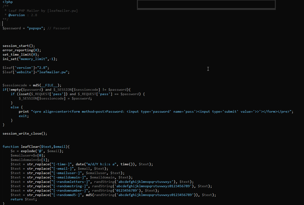 drok3r's tweet photo. Este script es una herramienta empleada para campañas de #MalSpam la cual es cargada en servidores comprometidos. La encontré en complementos de Backdoor

Código de Leaf PHPMailer
https://t.co/KPsBt6PESZ https://t.co/ZHMns6kYNX