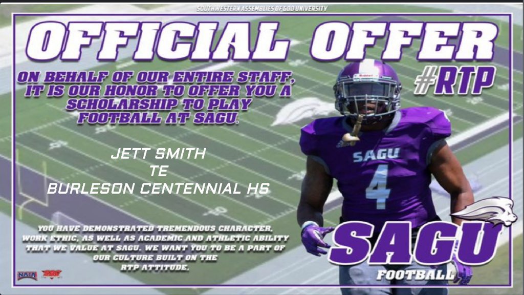 jettsmith21's tweet photo. #AGTG After a great camp i’m excited to announce i have received my 1st offer from @SAGU_Football 
@CHSSpartanFB @harkball @coachanzaldua35 @CoachGregEllis @anzaldua_corey https://t.co/MRSFbzMOrv