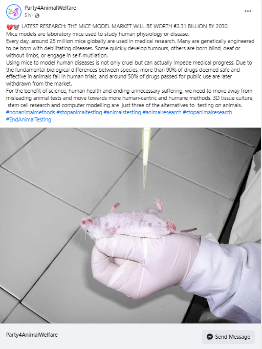AnimalPartyIE's tweet photo. 💔🐭 LATEST RESEARCH: THE MICE MODEL MARKET WILL BE WORTH €2.31 BILLION BY 2030.
Mice models are laboratory mice used to study human physiology or disease.
Every day, around 25 million mice globally are used in medical research. #stopanimaltesting #animalstesting https://t.co/1PVVuXOeM7