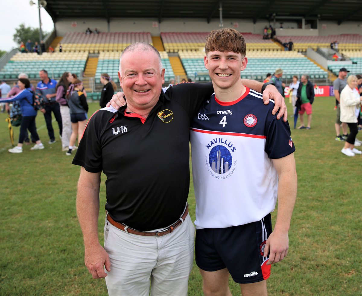 It isn't everyday a Co Chairman has a son playing for the opposition! Jim Bolger the Carlow Chairman is all smiles with his son Shane who was playing for New York against Carlow today in the Tailteann Cup in NCP! Very special! @Carlow_GAA @NewYorkGAA