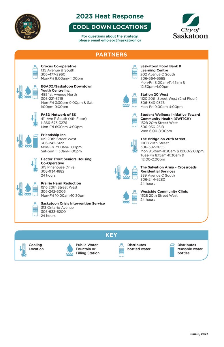 SaskatoonEMO's tweet image. ⚠️The Extreme Heat Emergency Response will be activated from SUNDAY JUNE 11 to WEDNESDAY JUNE 14. Please share this list of cool down locations across #yxe and consider checking on your friends, neighbours and relatives during the hot weather! #staysafe 📰:bit.ly/3N6Bmvo