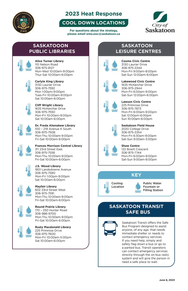 SaskatoonEMO's tweet image. ⚠️The Extreme Heat Emergency Response will be activated from SUNDAY JUNE 11 to WEDNESDAY JUNE 14. Please share this list of cool down locations across #yxe and consider checking on your friends, neighbours and relatives during the hot weather! #staysafe 📰:bit.ly/3N6Bmvo
