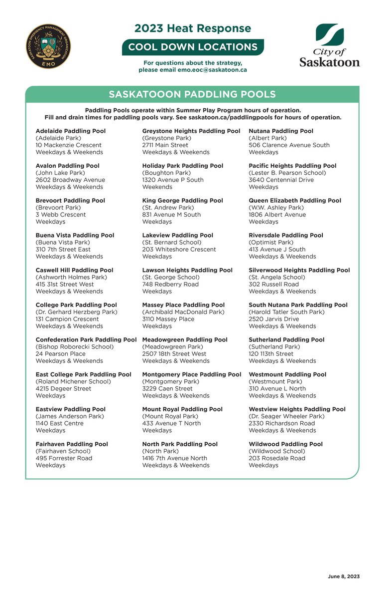 SaskatoonEMO's tweet image. ⚠️The Extreme Heat Emergency Response will be activated from SUNDAY JUNE 11 to WEDNESDAY JUNE 14. Please share this list of cool down locations across #yxe and consider checking on your friends, neighbours and relatives during the hot weather! #staysafe 📰:bit.ly/3N6Bmvo