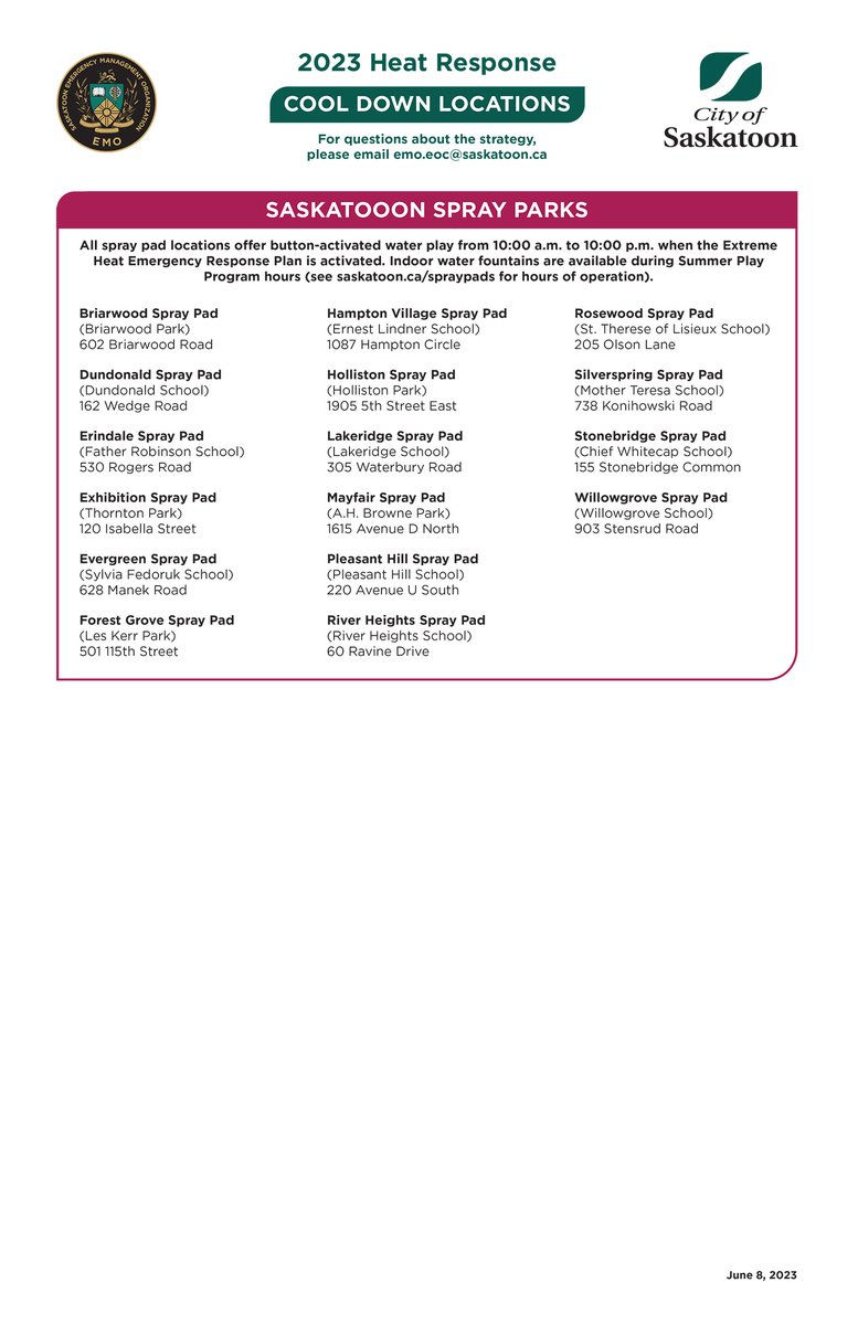 SaskatoonEMO's tweet image. ⚠️The Extreme Heat Emergency Response will be activated from SUNDAY JUNE 11 to WEDNESDAY JUNE 14. Please share this list of cool down locations across #yxe and consider checking on your friends, neighbours and relatives during the hot weather! #staysafe 📰:bit.ly/3N6Bmvo
