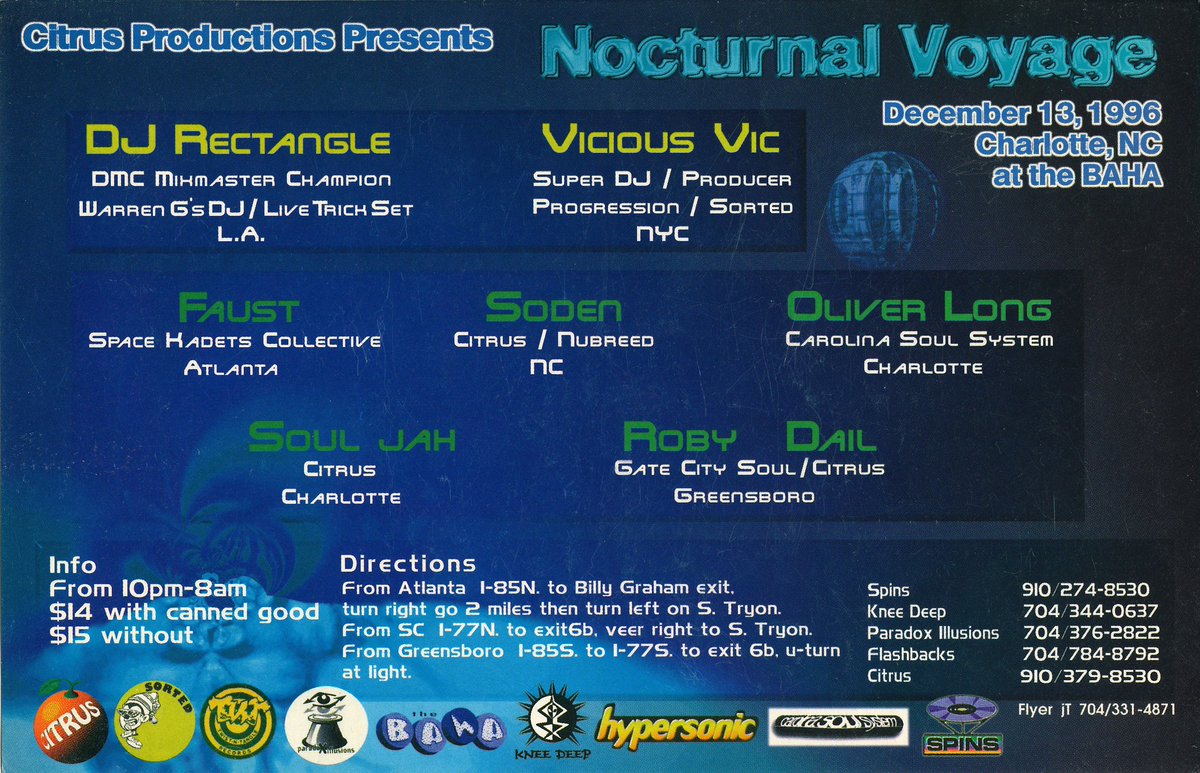 #charlotte #northcarolina #nc #rave #serave #clubflyer #flyer #raveflyer #1990s #nineteenninetysix #nightlife #nightlifeflyer #nocturnalvoyage #djrectangle #viciousvic #faust #soden #oliverlong #souljah #robydail #baha
