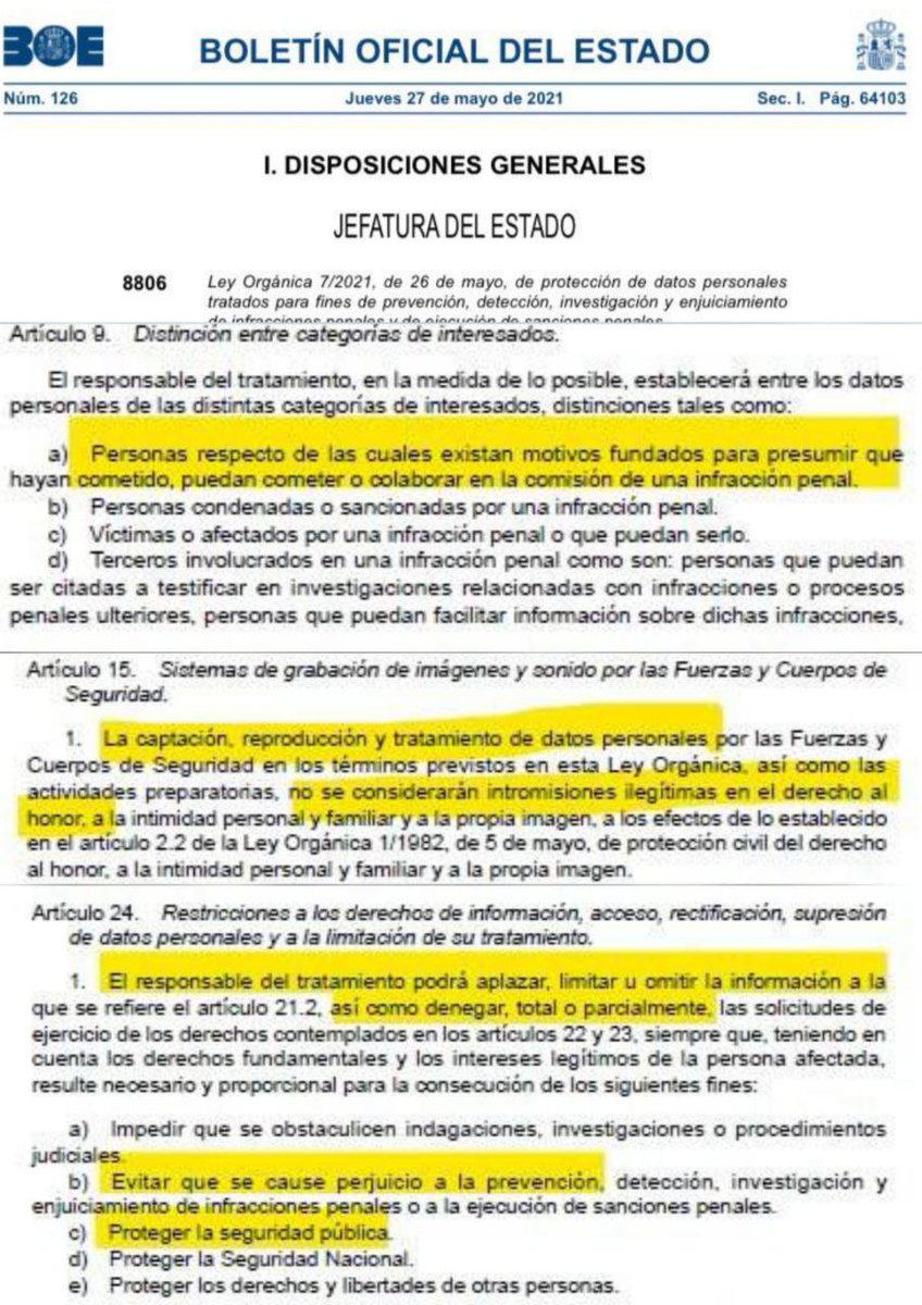 Letidoka's tweet photo. 🇪🇸 | ATENCIÓN | MÁXIMA GRAVEDAD ⚠️

El Gobierno aprueba sin aviso alguno el mayor atentado a los derechos individuales desde 1978:

1⃣ | La Ley Orgánica 7/2021 establece el concepto de justicia preventiva. Así, sin rodeos. “Personas que puedan cometer un delito.” https://t.co/46qsOHZ2YU