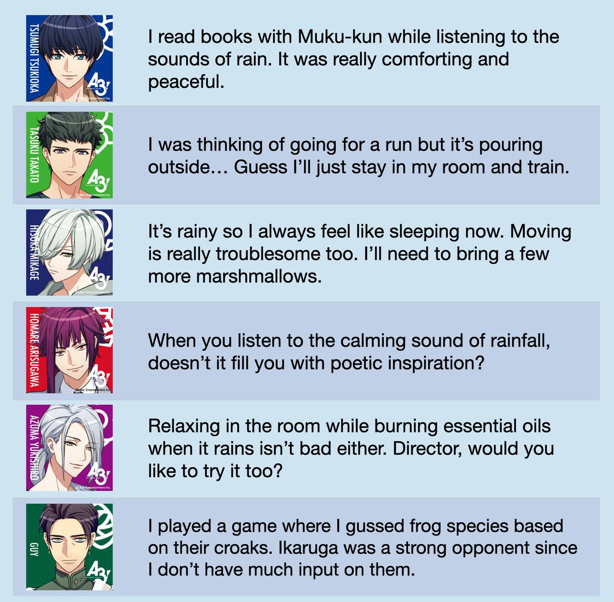 🌸🌻A3 RAINY SEASON HOME SCREEN LINES TRANSLATION🍁❄️

translations of the home screen lines from mankai company for the rainy season!