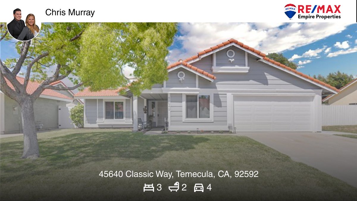 themurrayteam's tweet photo. JUST LISTED!! Check out Our Agent’s Newest Listing 🛌 3 🛀 2 🚘 4
📍 45640 Classic Way, Temecula, CA, 92592 

RE/MAX Empire Properties
951.383.7557
DRE#02056999

https://t.co/OMjvH6wYKJ https://t.co/xX7uE9F1BT