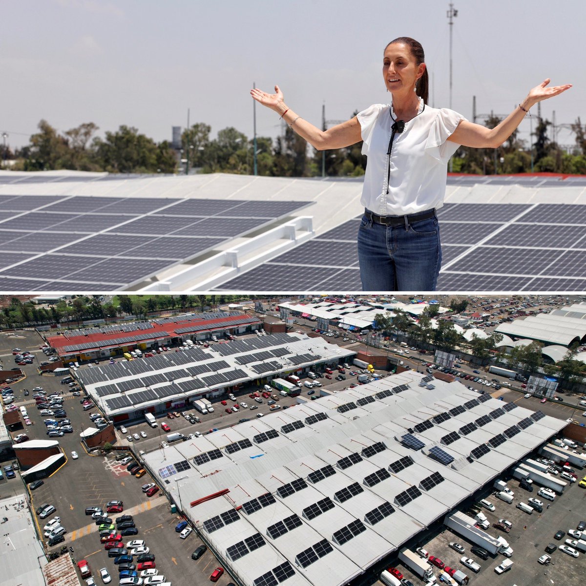 Claudiashein's tweet photo. Visitamos la #PlantaSolar que estamos construyendo en los techos de la Central de Abasto en colaboración con @CFEmx y @SENER_mx. Esta central fotovoltaica producirá energía limpia y será la más grande que tenga una ciudad a nivel internacional.

¡#CiudadSolar, de Iztapalapa para el mundo!
