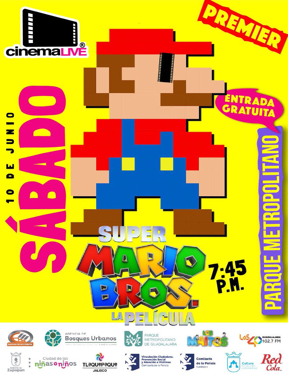 #CINE 

Hoy @CinemaLivemx #Guadalajara tiene la #premier de @supermariomovie a las 19:45 hrs en el @parquemetro_gdl 

#EntradaGratuita