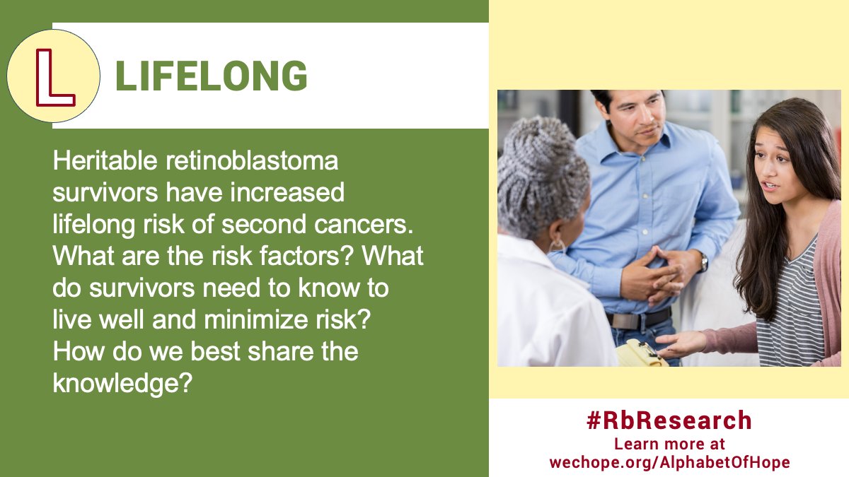 #RbResearch #AlphabetOfHope L: #Lifelong: Heritable retinoblastoma survivors have increased lifelong risk of second cancers. What are the risk factors? What do survivors need to know to live well and minimize risk? How do we best share the knowledge?
wechope.org/AlphabetOfHope
