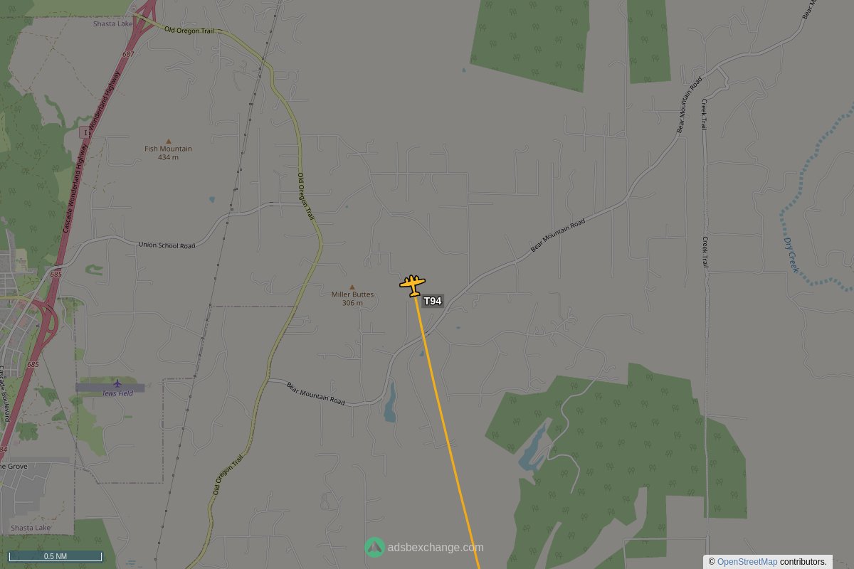 ffoverhead's tweet image. CalFire aircraft #N442DF callsign #T94 (S2P) was seen near Shasta County, CA at approx 20:59 UTC squawking 1255 globe.adsbexchange.com/?icao=a5525c&amp;amp;z… #CalFire
