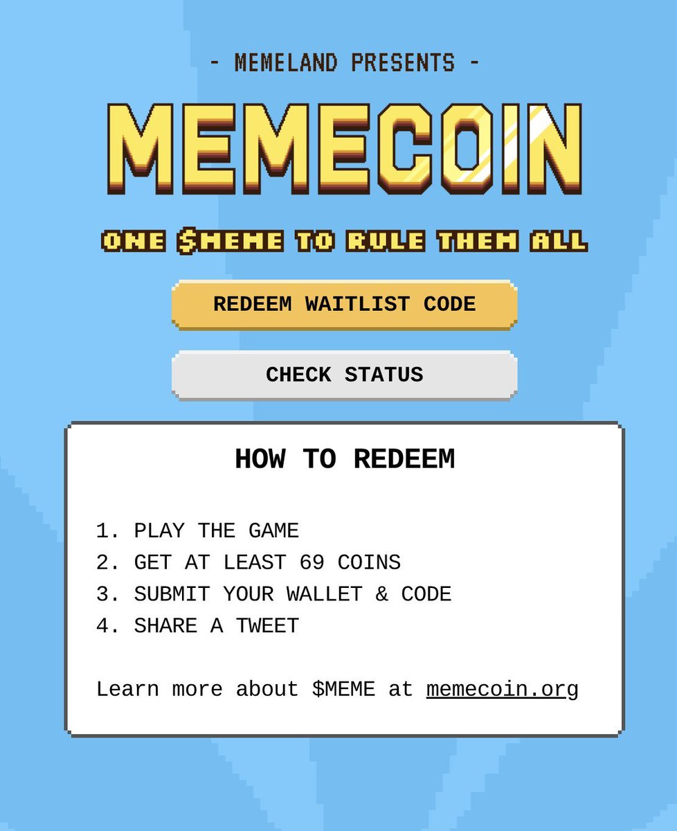 I'll be raffling away 5 waitlist codes to 5 people for <a href="/Memeland/">Memeland ❤️ Memecoin</a>'s upcoming &amp; hyped ($MEME) token, in 24 hours. 🪙🫡🏴‍☠️ 

To qualify for the raffle:

✅ Follow me &amp; <a href="/memecoin/">Memecoin</a>
✅ Like &amp; retweet this tweet
✅ Tag a friend in the comments

#MEME #Memeland #airdrop