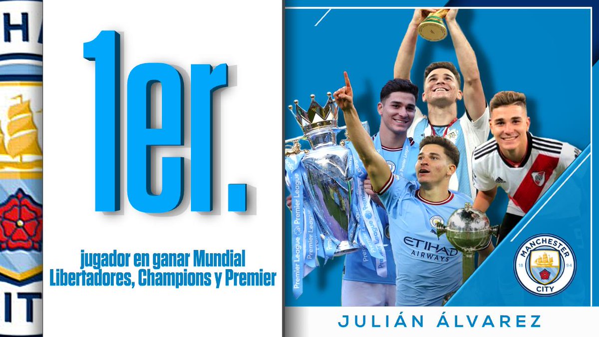 SC_ESPN's tweet photo. JULIÁN ÁLVAREZ: EL ARGENTINO QUE ROMPIÓ LOS LIBROS DEL FÚTBOL. Desde hoy es el PRIMER JUGADOR EN LA HISTORIA capaz de ganar:

🏆 Copa del Mundo 
🏆 CONMEBOL Libertadores
🏆 Champions League
🏆 Premier League https://t.co/5ydCSMe8Xv