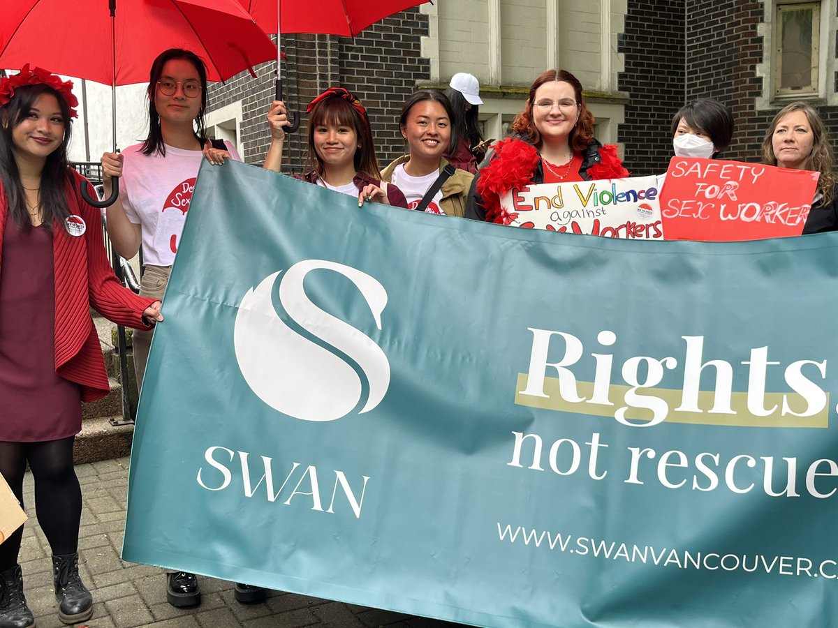 SWAN_Vancouver's tweet photo. SWAN Vancouver is here at the Red Umbrella March echoing @XXXWorkers calls for the federal government to take action on recommendations to repeal two laws: Communicating for the Purpose of Sexual Services and Advertising Sexual Services. #FreedomToAssociate #RUM2023 https://t.co/6YtsqD0Ake
