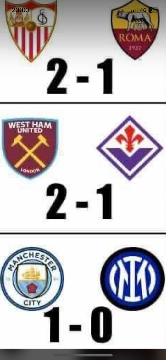 Non c'è due senza tre...
E l'ultima è la più bella 🏆
#SivigliaRoma
#FiorentinaWestHam
#ManchesterCityInter