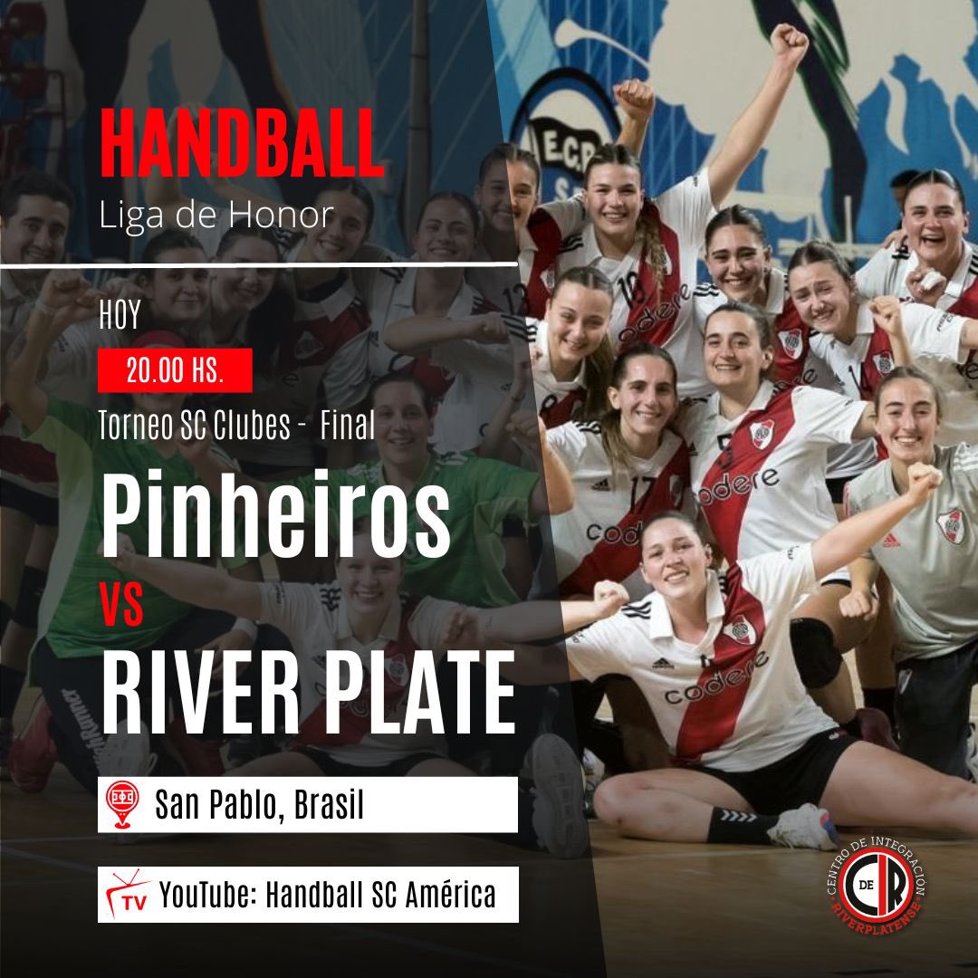 CirAgrupacion's tweet photo. #Handball🤾♀️ ¡POR LA GLORIA ETERNA!🏆 La Liga de Honor buscará quedarse con el #HSCAClubes esta noche cuando enfrenten a las locales Pinheiros🇧🇷 en San Pablo.
💻 Mirá el partido en vivo: https://t.co/NUczMZgUxZ
#RiverEsMásQueFútbol⚪️🔴 https://t.co/8iQEIq2bLy