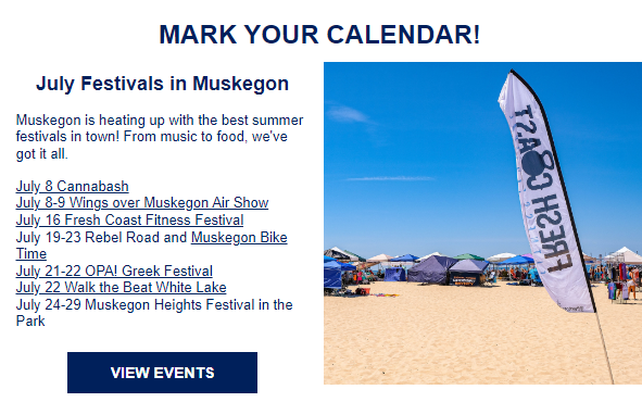 Did you miss the June newsletter from Visit Muskegon? 
It's packed full of summer information and a SPECIAL OFFER for concert tix! 

Read it here:
conta.cc/3WSk2yp 
Subscribe here: 
bit.ly/SignUpVMnewsle…