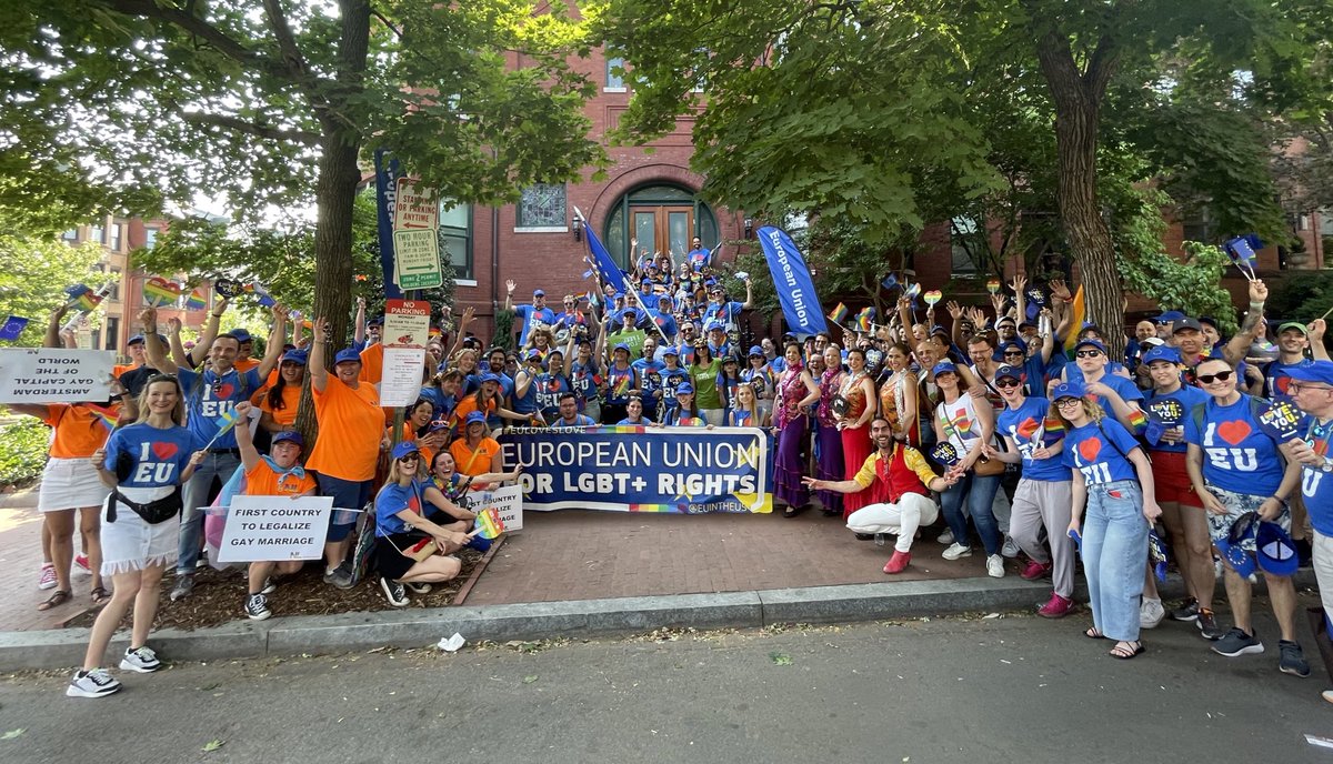 EUintheUS's tweet photo. Just finished our run in the 2023 @CapitalPrideDC #Pride Parade! It was so exciting to interact with the rainbow of people that make up our host city of Washington, D.C. As the EU, we will always support #HumanRights for all! 🏳️‍🌈🏳️‍⚧️🇪🇺 https://t.co/7wmeSuAGqz
