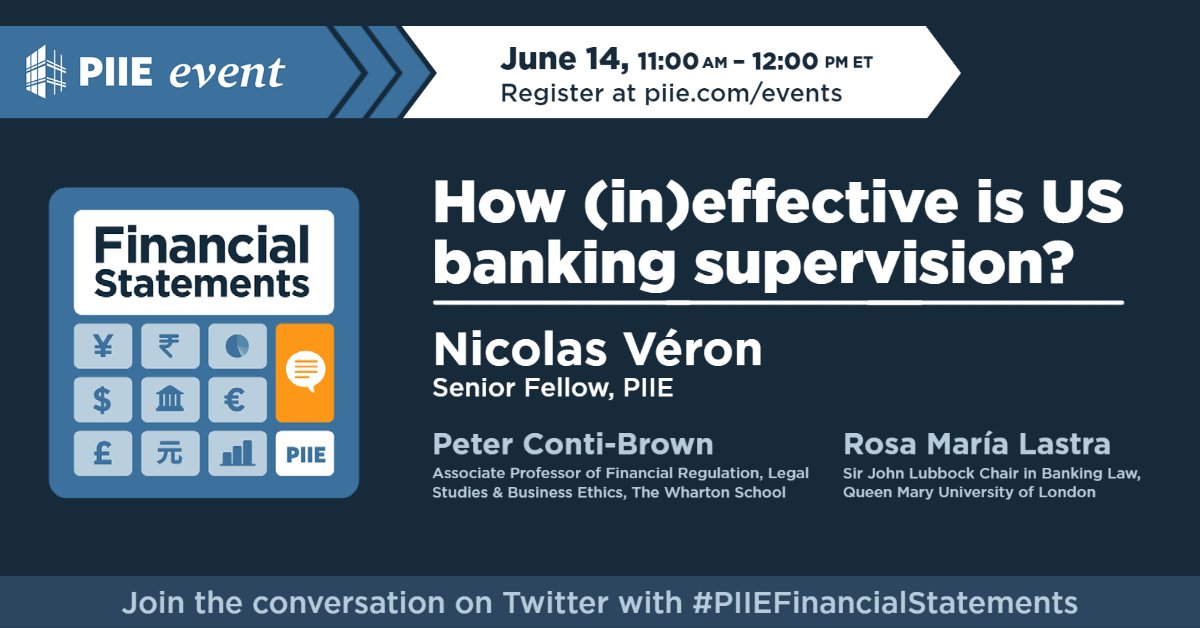 JUNE 14: <a href="/nicolas_veron/">Nicolas Veron</a> discusses with <a href="/PeterContiBrown/">Peter Conti-Brown</a> &amp; Rosa María Lastra how the performance of the Fed &amp; other US banking supervisors should be assessed after the financial sector turmoil in March &amp; April 2023 on #PIIEFinancialStatements.
Register now: piie.zoom.us/webinar/regist…