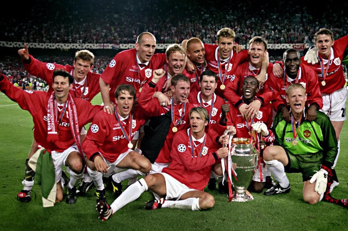 Sir Alex Ferguson

Peter Schmeichel
Gary Neville 
Denis Irwin
Jaap Stam
Ronny Johnsen
Jesper Blomqvist
Ryan Giggs 
Nicky Butt
David Beckham 
Dwight Yorke
Andy Coke
-
Teddy Sheringham
Ole Gunnar Solskjaer 🏆 🏆🏆 

Dont ever compare this treble from 115 charges FC to the 99’.