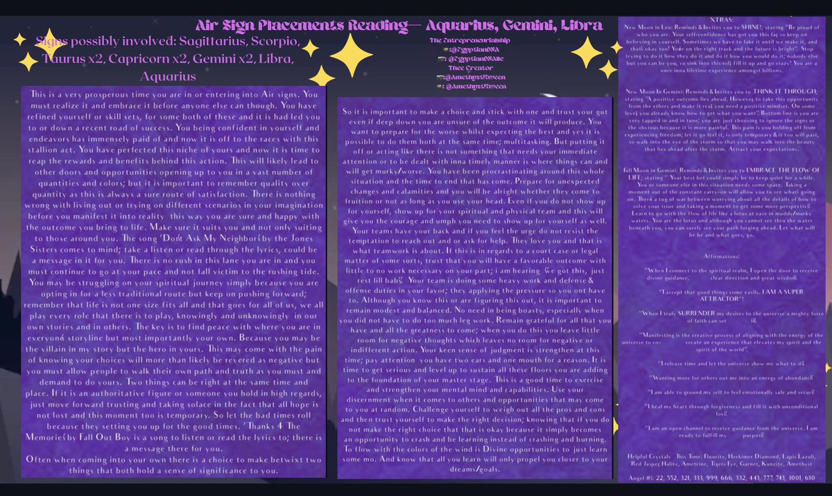 AmethyztKween's tweet photo. 🌬️Sign Placements General Reading
#Aquarius #Gemini #Libra
#GeneralRead #GeneralReading #GeneralMessage #Astrology https://t.co/QXX88WYamg