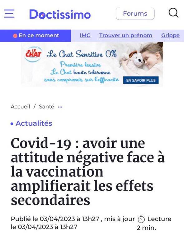 COVID -19 💉💉💉 avoir une attitude négative face à l’injection amplifierait “les effets secondaires” 🤣🤣