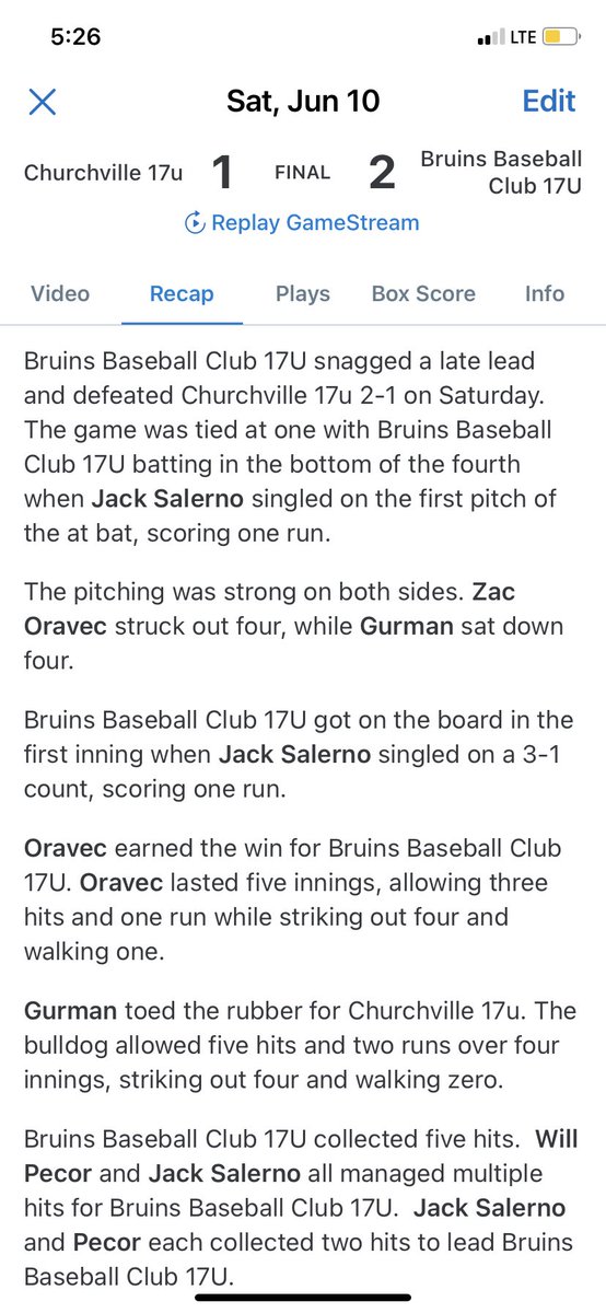 Double header Game 1 win.  Zac Oravec earns the win.  Bruins scored 2 runs on 5 hits @Will_Pecor went 2 for 2, ⁦<a href="/jack_salerno15/">Jack Salerno</a>⁩ went 2 for 2 with 2 RBI, ⁦<a href="/NolanBonnellRHP/">Nolan Bonnell</a>⁩ 1 for 2 with a stand up triple to RC
