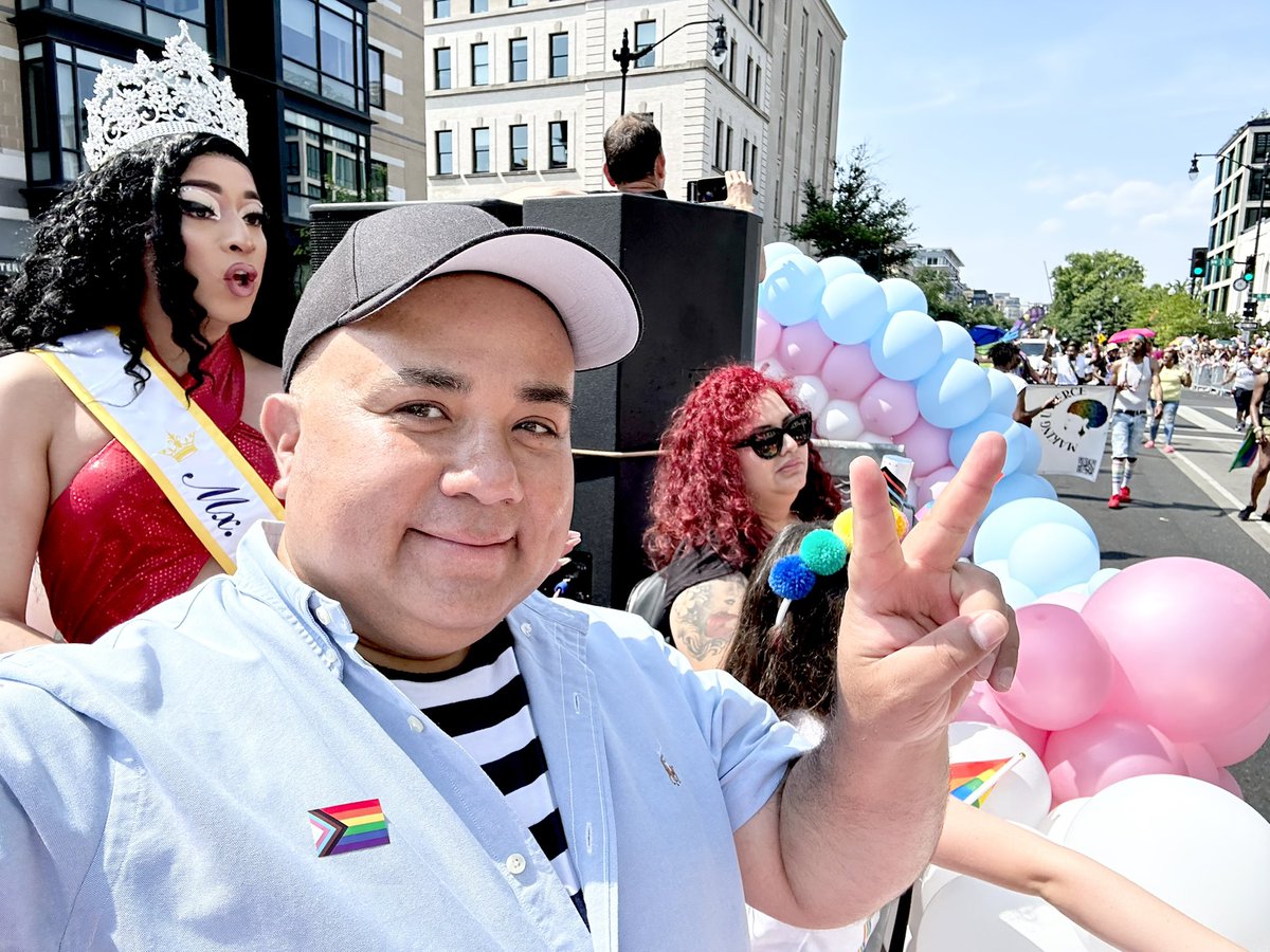 jessegarcia's tweet photo. The DC Skyline was bright blue &amp; the smoke finally cleared just in time for our annual LGBTQ+ Pride Parade!  I had the honor of riding the El Zol 107.9 Float with DJ EZ  &amp; Candy Cintron providing Musica Latina for the Latinx History Project contingent. Happy #Pride! 🏳️‍🌈🏳️‍⚧️♥️🎉🎵💃 https://t.co/DcWl5teYTO
